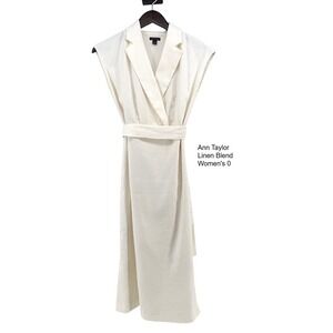 Ann Taylor Linen Blend Herringbone Midi Wrap Dress Cream Ivory Size 0 Sleeveless